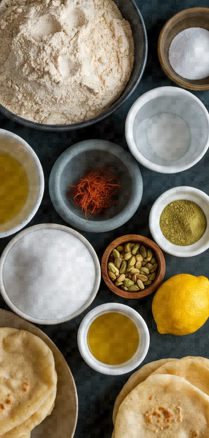 Ingredients photo for Pakatali Puri Fried Flatbread Glazed In Lemon Saffron Flavored Syrup Recipe