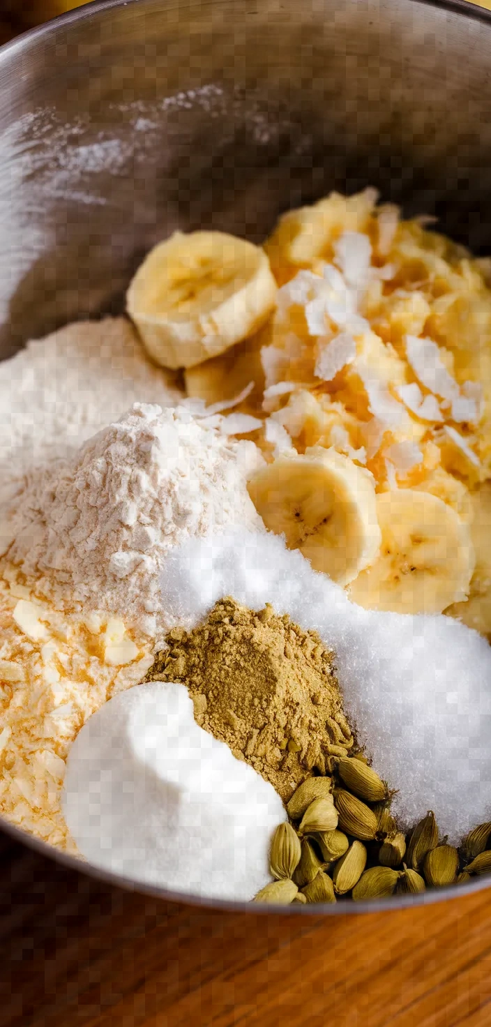 Ingredients photo for Baked Bengali Banana And Coconut Fritters Recipe