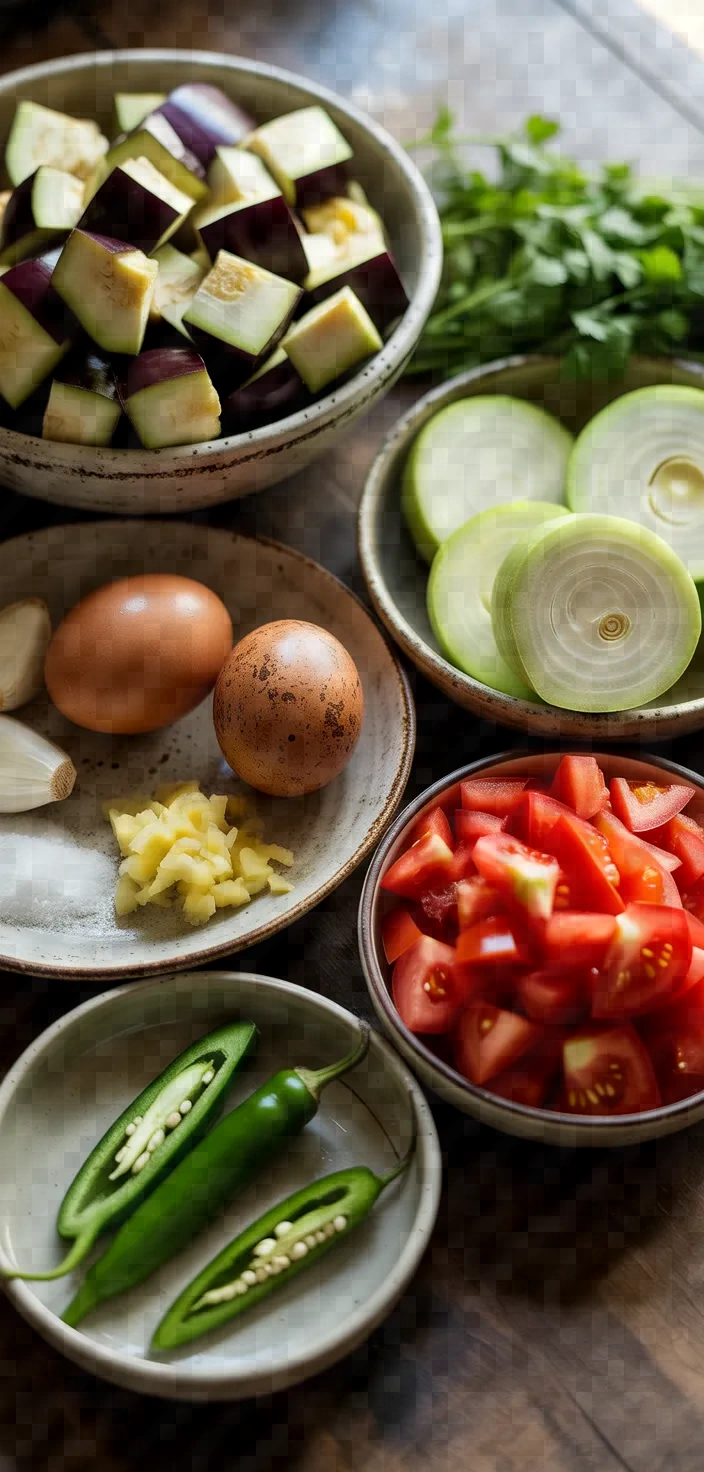 Ingredients photo for Dim Begun Scrambled Aubergine Eggs Recipe