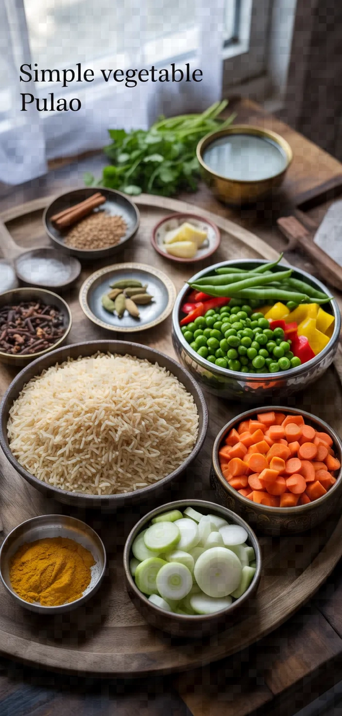 Ingredients photo for Simple Vegetable Pulao Recipe